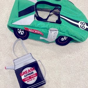 Halloween costume hot wheels car and oil treat basket